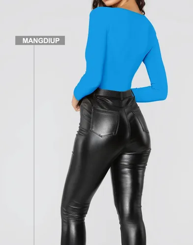 Vista 95 de MANGDIUP Body esencial para mujer, cuello redondo, manga larga, ajustado, elástico, de algodón y elastano
