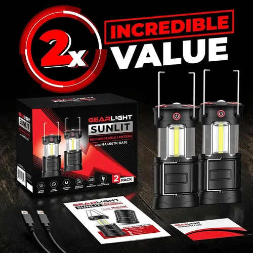 Vista 4 de GearLight Linterna de camping recargable, 2 linternas LED portátiles con base magnética y gancho plegable para uso de emergencia o campamentos, kit