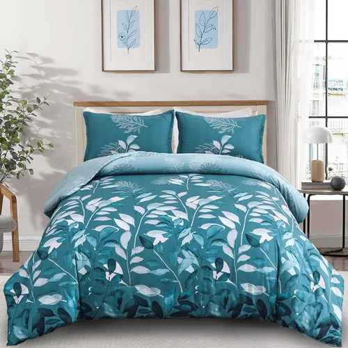 Vista 10 de DJY Juego de edredón beige tamaño Queen, edredón de 3 piezas con hojas botánicas marrones con 2 fundas de almohada, tamaño Queen, juego de edredón