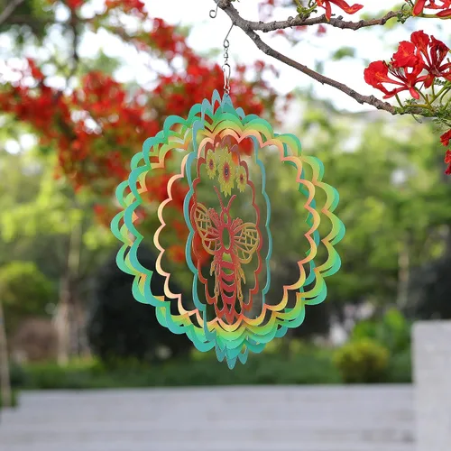 Vista 6 de Kinetic - Adorno colgante de metal 3D con diseño de abeja y viento para el hogar y el jardín, diseño de mandala de abeja de 12 pulgadas, molinos