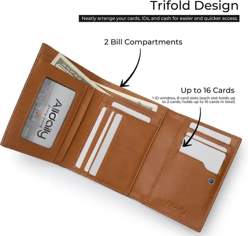 Vista 2 de Alldaily Billetera pequeña con bloqueo RFID de triple pliegue, billetera delgada para tarjetas de crédito con bolsillo con cremallera (marrón)