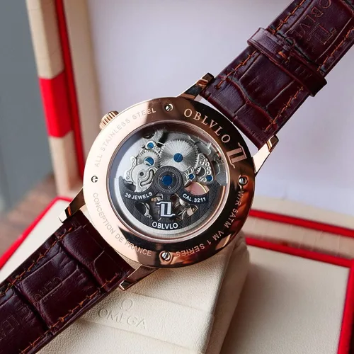 Vista 7 de OBLVLO Relojes de oro rosa de lujo para hombre, esfera esquelética, relojes automáticos, correa de cuero VM-1