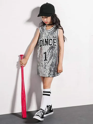 Vista 3 de LOLANTA Ropa de baile Hip Hop para niñas, vestido de lentejuelas para niños, camiseta larga sin mangas, disfraz de jazz, camiseta de animadora