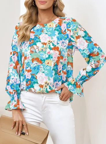 Vista 5 de EVALESS Blusas de gasa sueltas con cuello redondo y manga larga para mujer, estilo bohemio, estampado floral, blusas