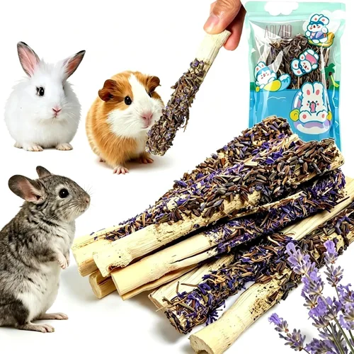 Vista 10 de Abizoo Juguetes masticables naturales para conejos, 10 palitos de bambú dulces para conejos, cobayas, chinchillas y hámsters, aperitivos de madera