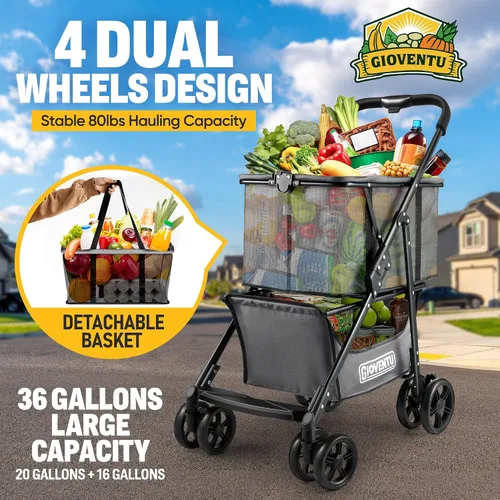 Vista 2 de Carrito de compras plegable con ruedas, carritos de comestibles multiusos de 80 libras con ruedas de 360° y bolsa extraíble, carritos de compras