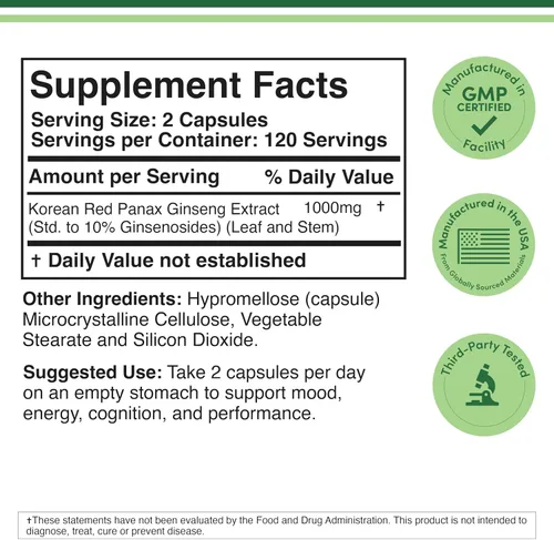 Vista 2 de Cápsulas de ginseng (extracto de ginseng rojo coreano, Panax Ginseng 10% de ginsenósidos) (suministro para 4 meses) 240 cápsulas veganas - 1,000 mg