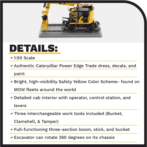 Vista 4 de Diecast Masters Excavadora con ruedas para ferrocarril Caterpillar M323F a escala 1:50 - Versión amarilla de seguridad Camiones para gatos