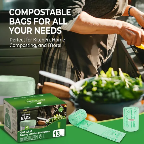 Vista 7 de Bolsas de basura compostables, 13 galones / 49.2 litros, 45 unidades, extragruesas de 0.9 mil de alto, forros de basura de cocina, certificados por