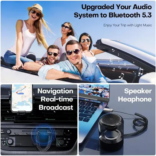 Vista 7 de GLOBELEC Adaptador auxiliar a Bluetooth 5.3, receptor adaptador de audio auxiliar USB de 0.138 in con micrófono integrado para llamadas manos