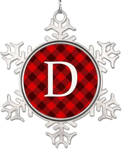Vista 11 de Adorno de copo de nieve de letra A con inicial de copo de nieve, adorno de monograma a cuadros rojos para decoración de árbol de Navidad, adornos