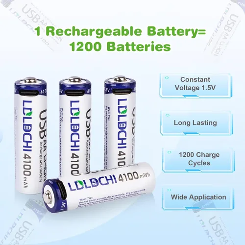 Vista 2 de Baterías de litio AA recargables de 4100 mWh, paquete de 4 baterías dobles A de 1.5 V con cable de carga USB-C, 1200 ciclos de larga duración