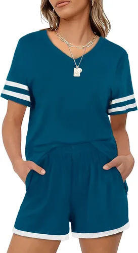 Vista 2 de Aloodor Conjunto de dos piezas para mujer, conjunto de pantalones cortos de verano con bolsillos