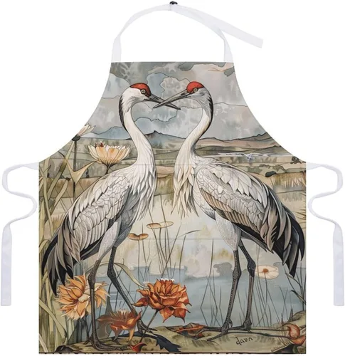 Vista 7 de MUSM Apron for Adults - 27.6 X 31.5 Inch, Heavy-Duty Polyester Aprons with Two Large Pockets, Waterproof Two Cranes Painting Kitchen Apron for