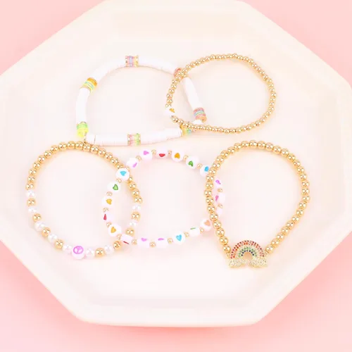 Vista 2 de Pink Bracelets Purple Bracelet Boho Multi-Layer Beaded Stacking, Versatile Strand Stretch Crystal Beads Wrap Slip-on Cuff Bangle Set, Cute