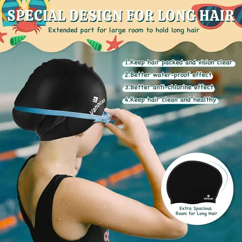 Vista 5 de 2 Pack Kids Swim Caps for Long/Short Hair, Unisex Silicone Swimming Cap for Age 3-15 Children Toddler Youth Teen, Waterproof Shower Cap Bathing Hats