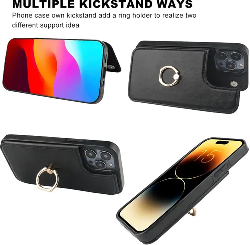 Vista 4 de ONETOP - Funda tipo cartera para iPhone 15 Pro Max con tarjetero de crédito, color negro 360° Rotation Ring Kickstand,Finger Grip,Double Magnetic