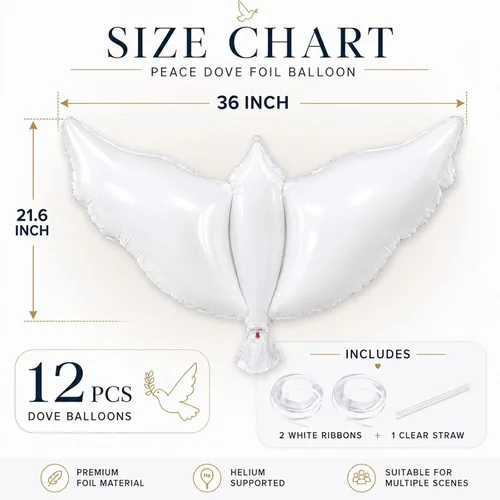 Vista 2 de 12 globos blancos grandes de 36 pulgadas de paloma de la paz de papel de aluminio, globos de paloma de pájaro para boda, compromiso, funerarios