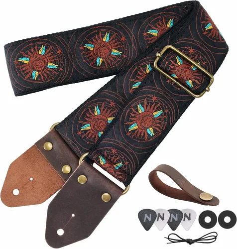 Vista 30 de Nefelibata Correa de guitarra, correas de guitarra de algodón bordado jacquard con extremos de cuero de caballo loco para bajo, eléctrico