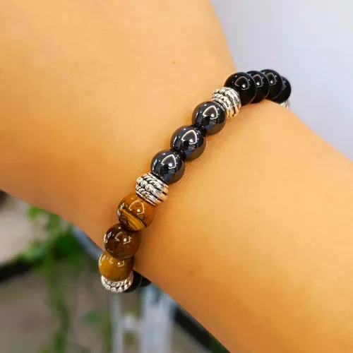 Vista 8 de Pulsera de triple protección para traer suerte y prosperidad, pulseras de hematita negra con obsidiana y ojo de tigre para hombres y mujeres