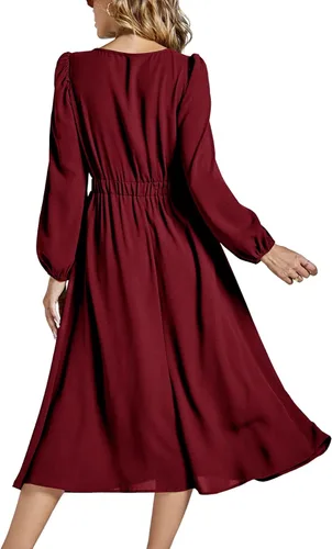 Vista 2 de LYANER Elegante vestido midi acampanado con cuello redondo y manga larga abombada para mujer