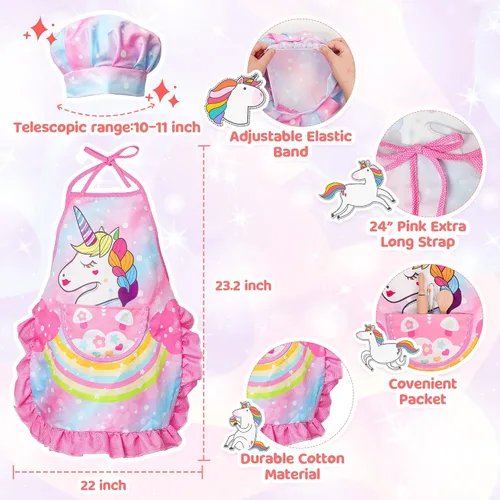 Vista 2 de Vanmor Juego de cocina y hornear de unicornio para niños, 11 delantales para niñas, sombrero de chef y delantal rosa, guante y utensilio