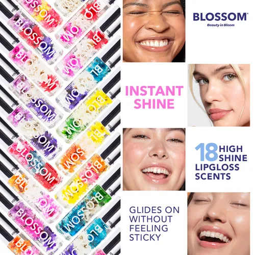 Vista 4 de Blossom Brillo labial perfumado roll-on, infundido con flores reales, fabricado en Estados Unidos, 0.3 fl. oz./9ml, juego de regalo de 3