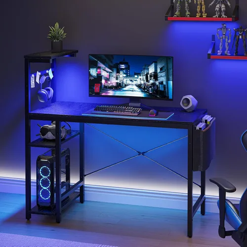 Vista 8 de Bestier - Escritorio de juegos con luces LED, escritorio para PC de 44 pulgadas para espacios pequeños, escritorio de computadora con estantes