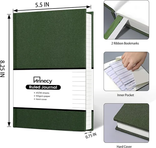 Vista 2 de Annecy - Libreta de rayas tipo diario, diario de cuero de tapa dura para mujeres y hombres, 160 páginas numeradas, tamaño mediano de 5.5 x 8.25 Verde