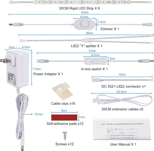 Vista 3 de Kit de iluminación LED para debajo del gabinete para gabinetes de cocina, mostradores de estantes, armario. 6 tiras de luz de 12 pulgadas