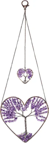 Vista 9 de JOVIVI Adorno colgante de árbol de la vida de doble corazón, 7 chakras, reiki, cristales curativos, piedras preciosas de meditación, colgador