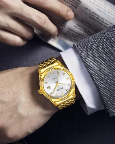 Vista 24 de BINLUN Reloj de pulsera para hombre, mecánico automático, reloj dorado con cuerda automática, elegante, chapado en oro de 18 quilates, relojes
