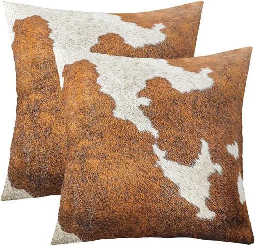Vista 45 de Juego de 2 fundas de almohada con estampado de piel de vaca de 16"x16", fundas de cojín de piel de vaca para sala de estar, dormitorio, casa