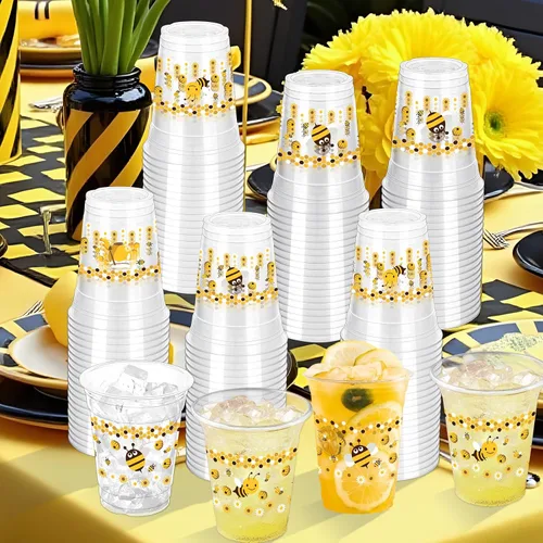 Vista 3 de 100 piezas de vasos de plástico con temática de abejas para fiesta, 12 onzas, vasos desechables de miel, vasos transparentes con lindo tema