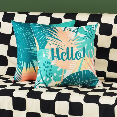 Vista 4 de ONWAY Juego de 4 fundas de almohada decorativas con temática de playa de 16 x 16 pulgadas con diseño de Hello Summer para decoración de fiesta