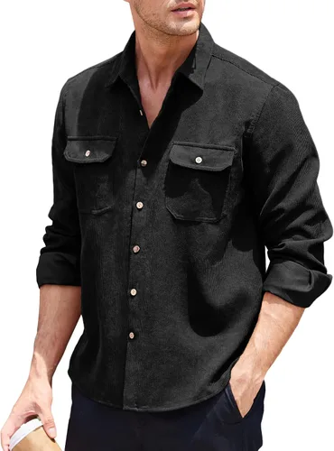 Vista 2 de COOFANDY Camisa casual de pana de manga larga con botones para hombre