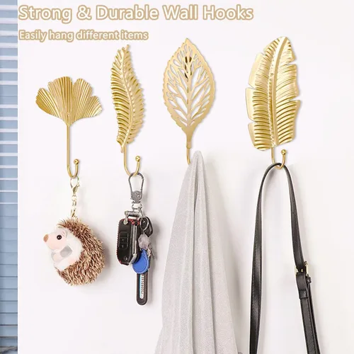 Vista 5 de 10 ganchos decorativos de pared con hojas doradas, ganchos para colgar abrigos, toallas, sombreros, perchas de metal para montaje en pared