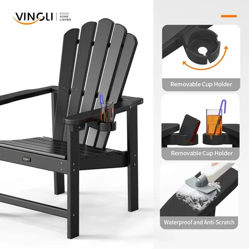 Vista 6 de VINGLI Silla Adirondack plegable de plástico con soporte para tazas, material HDPE 100% reciclable, cómoda capacidad de peso de 380 libras