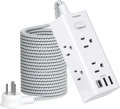 Vista 10 de One Beat Cable de extensión corto de 1 pie, regleta de alimentación de enchufe plano, 6 salidas amplias con 3 puertos USB (1 USB C), regleta