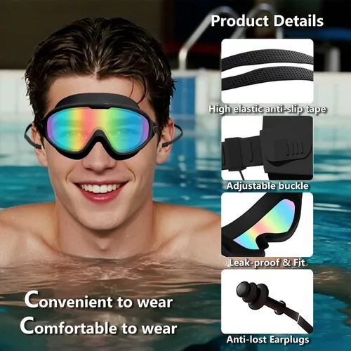 Vista 6 de Gafas de natación para adultos para mujeres y hombres, sin fugas, sin niebla, visión amplia, gafas de sol con tapones para los oídos y clip