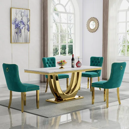 Vista 26 de Mesa de comedor blanca de 68 pulgadas para 4-6, mesa de cocina rectangular moderna con mesa de mármol sintético y base de acero inoxidable plateado