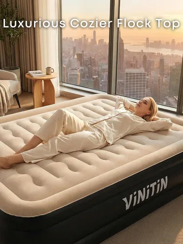 Vista 3 de Colchón de aire Queen con bomba incorporada, cama inflable elevada de 16 pulgadas para hogar e invitados, colchón inflable autoinflable con parte