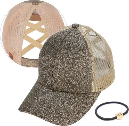 Vista 10 de C.C Gorra de béisbol de malla con diseño de estrella brillante, gorra de camionero ajustable para moño o cola de caballo Una banda elástica-negro
