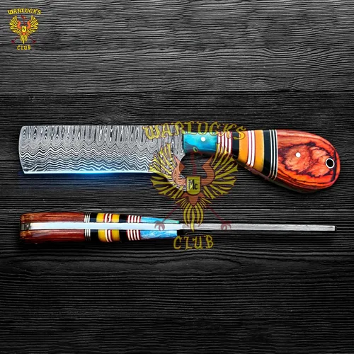 Vista 5 de Cuchillo de caza de Damasco hecho a mano, cuchillo de hoja fija de 8 pulgadas con funda, cuchillo de vaquero de espiga completa, cuchillo de Multi