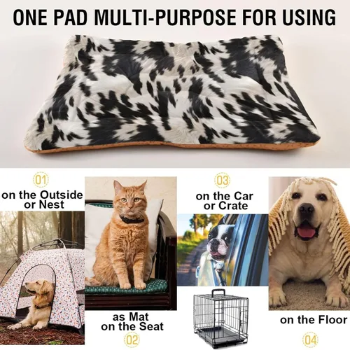Vista 5 de Almohadilla de cama para mascotas con estampado de vaca 3D, tapete suave para cama de perro con parte inferior antideslizante, almohadilla de jaula