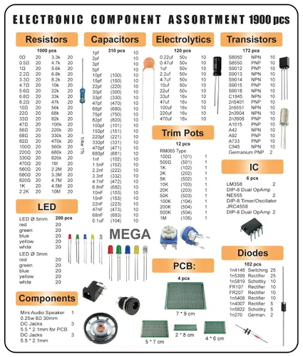 Vista 2 de Juego surtido de mega componentes electrónicos, condensadores, resistencias, ledes, transistores, diodos, DC Jacks, Opamp, 1398