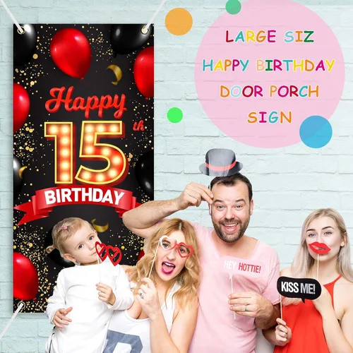 Vista 5 de Cartel de feliz cumpleaños número 15 rojo y negro, globos de fondo para decoración temática para niñas y mujeres, princesas de 15 años, suministros