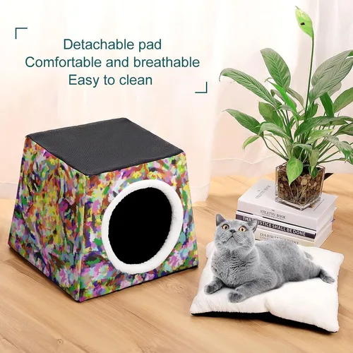 Vista 6 de Cama interior para gatos, sofá para gatos, cubo de gato impreso con almohada pequeña para gatitos, perros pequeños, bloques