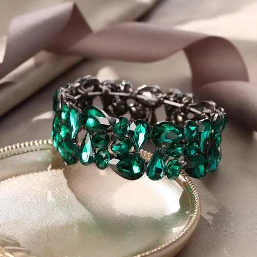 Vista 3 de EVER FAITH Pulsera elástica de cristal con forma de lágrima ovalada para mujer, estilo Art Déco, para novia