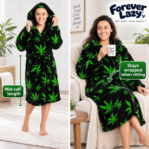 Vista 5 de Forever Lazy Bata de forro polar con capucha para mujeres y hombres, bata de baño de felpa coral de 3/4 de longitud Mary Jane